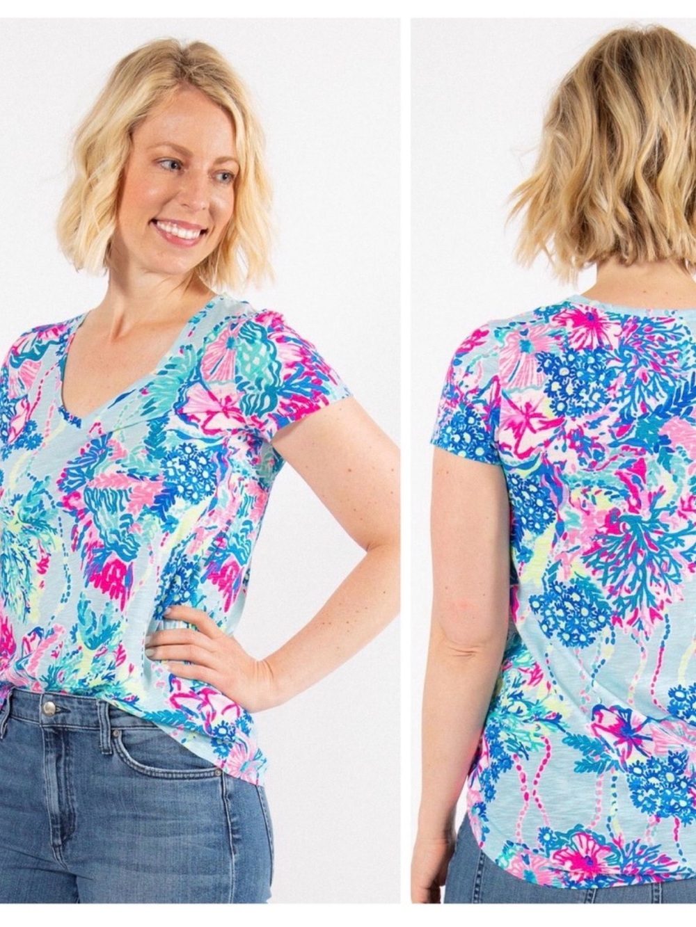 Lilly Pulitzer M Coral Reef Floral V-Neck Short Sleeve Tee